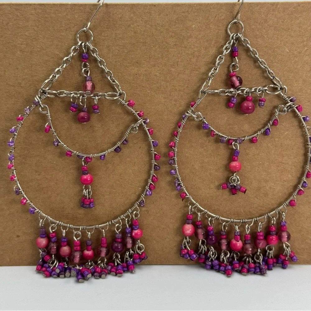Large Fuchsia and Purple Beaded Dangle Earrings Silver Tone French Ear Hooks Fun